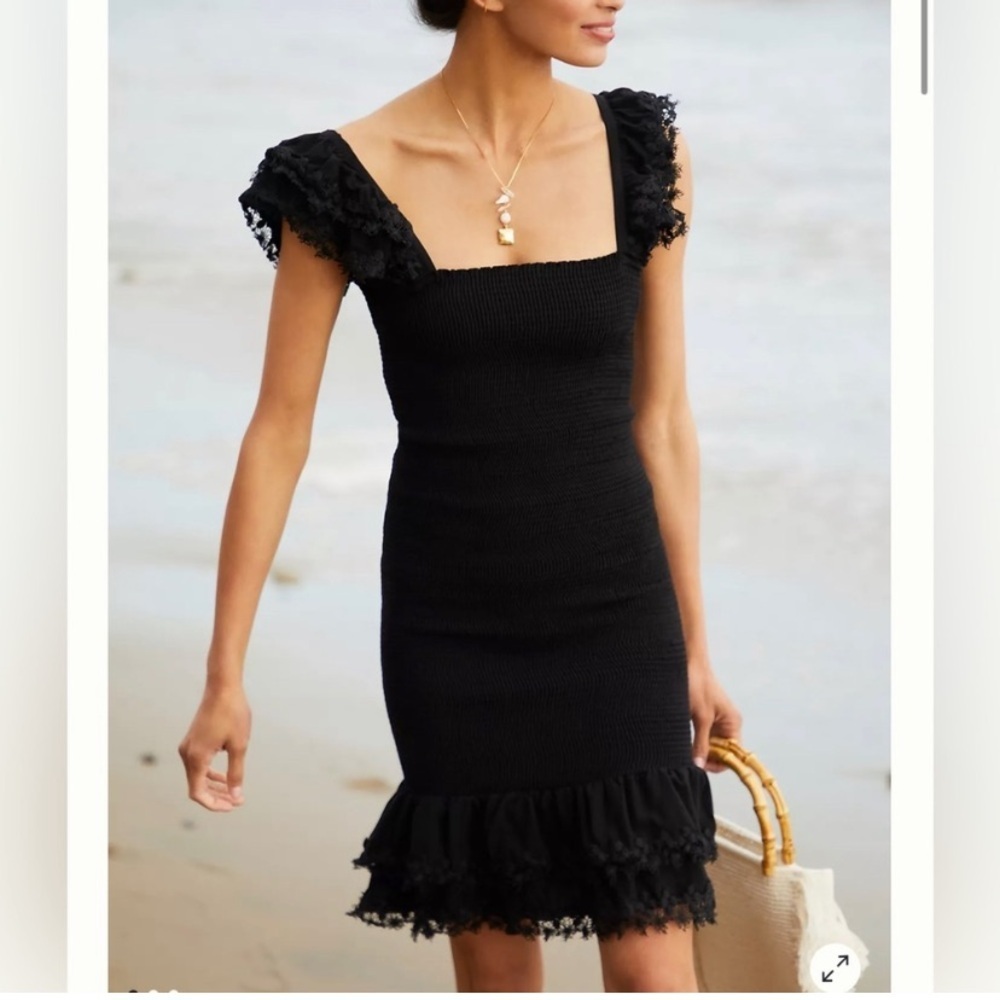 Peixoto Black Square-Neck Ruffled Mini Dress